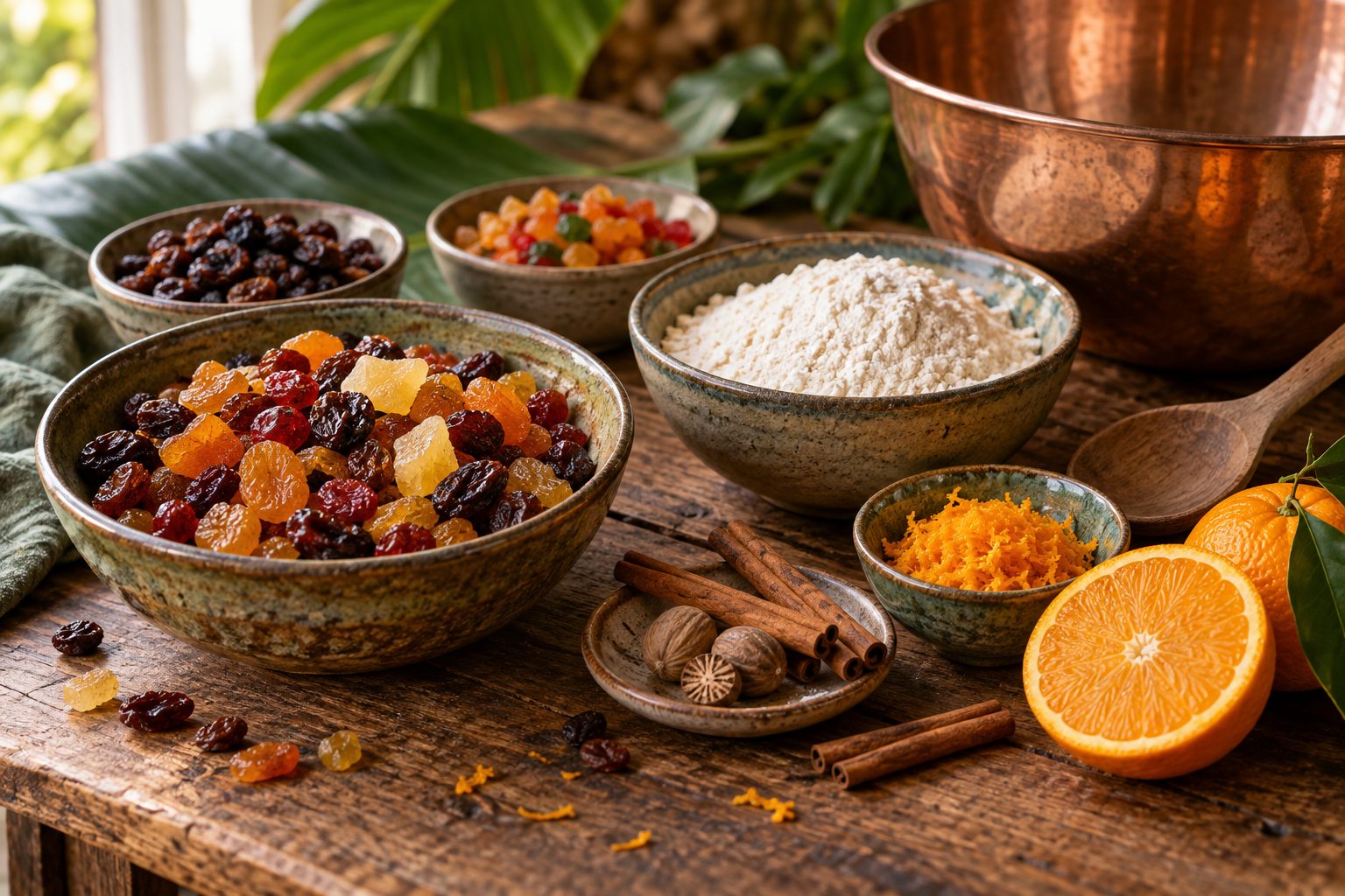 Baking ingredients on a rustic table: bowls of dried fruit and flour, orange zest, nutmeg and cinnamon sticks