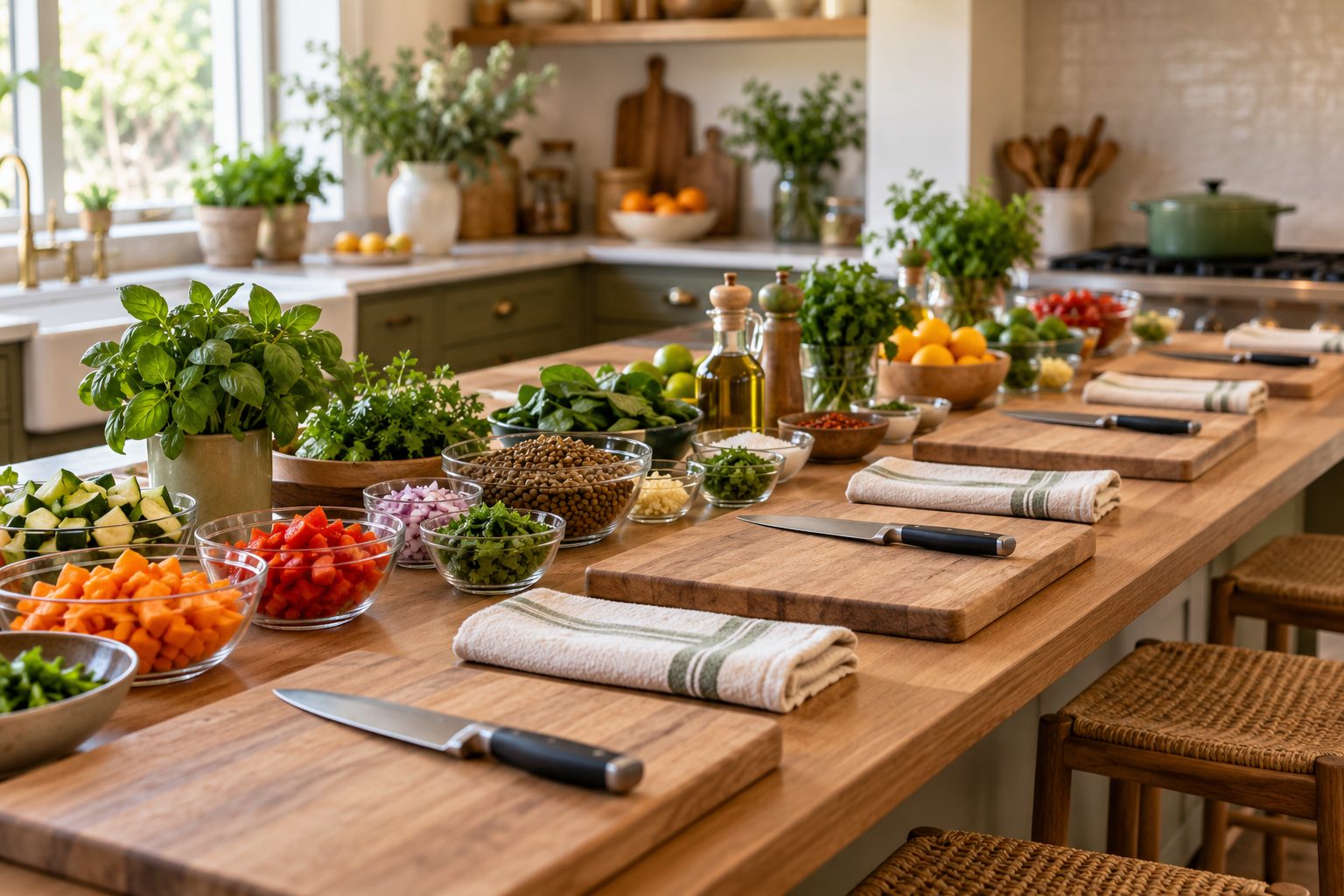 A kitchen island laid out with cutting boards, knives and bowls of prepared vegetables and lentils