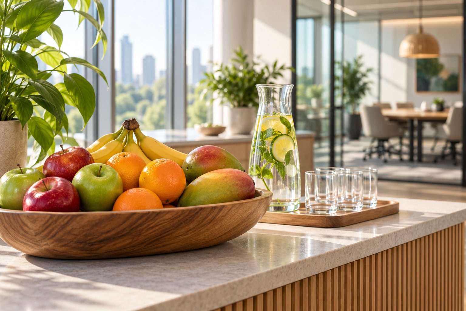 A bright office break area with a wooden bowl of fresh fruit and a carafe of infused water