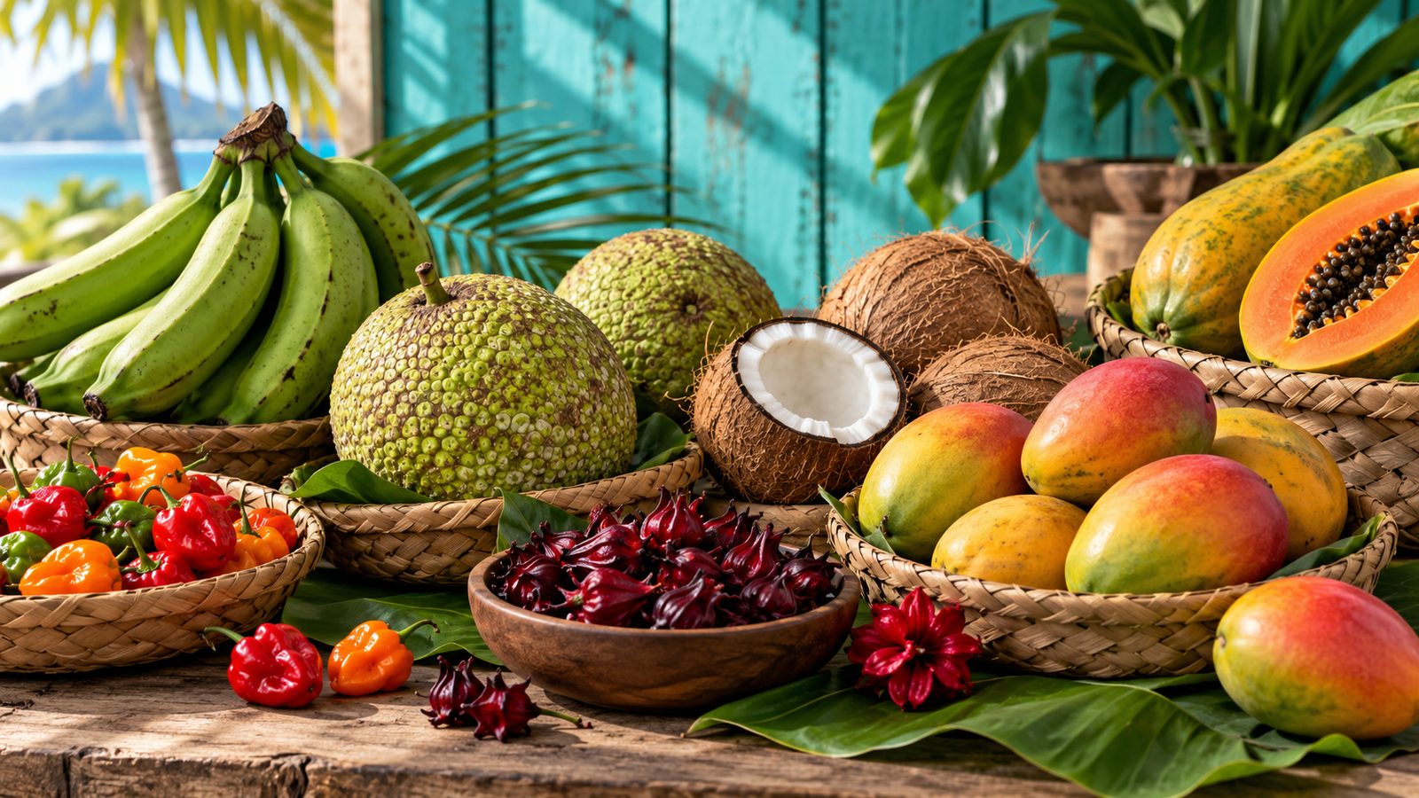 Tropical produce on woven baskets: green plantains, breadfruit, coconuts, mangoes, papaya, sorrel and hot peppers